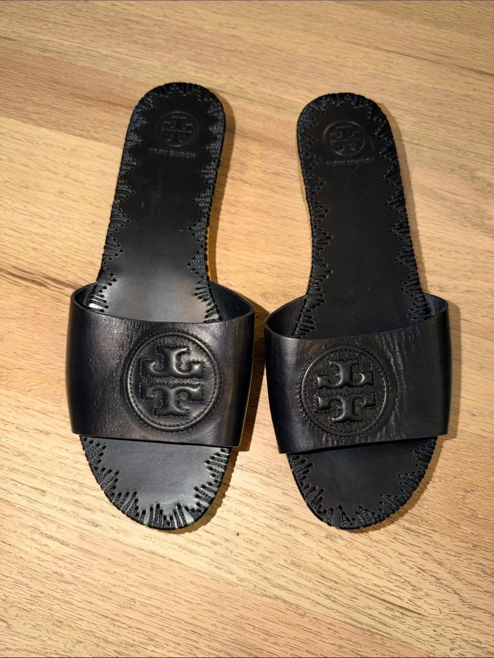 Tory Burch Black Leather Slide with Natural Wood-Look Sole